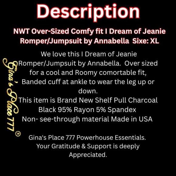NWT Over-Sized Comfy fit I Dream of Jeanie Romper/Jumpsuit by Annabella XL - Picture 5 of 8
